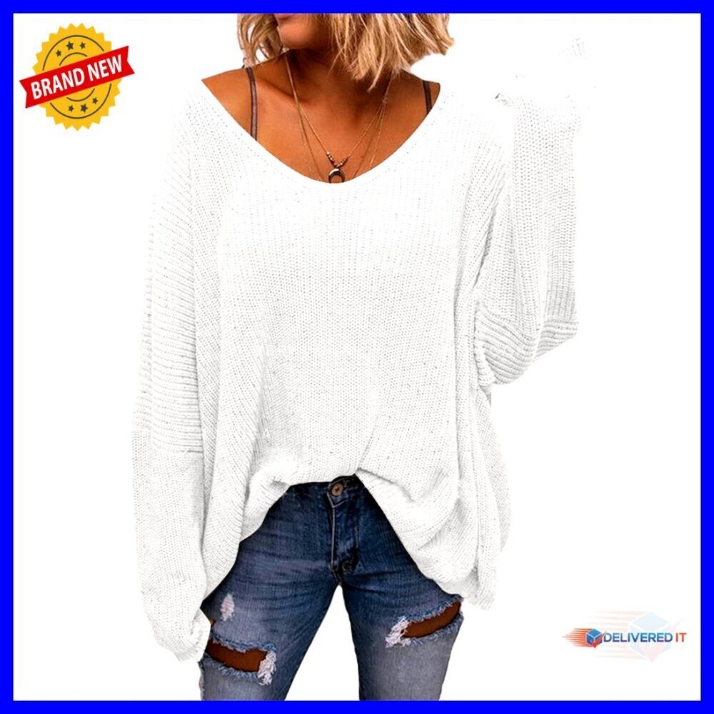 Oversized V Neck Pullover Sweater Loose Knit Top Long Sleeve Chic Casual